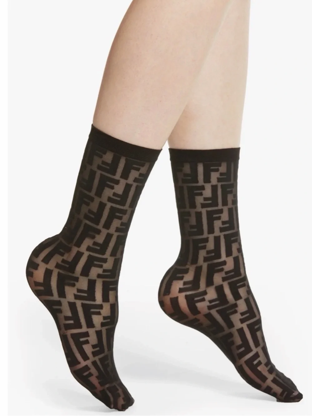 Fendi Sheer Black Logo-Pattern Crew Socks